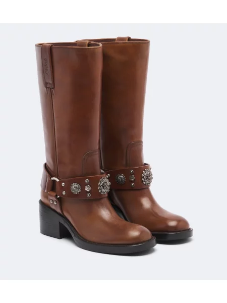 Cizme Chloé din piele cu tepi maro