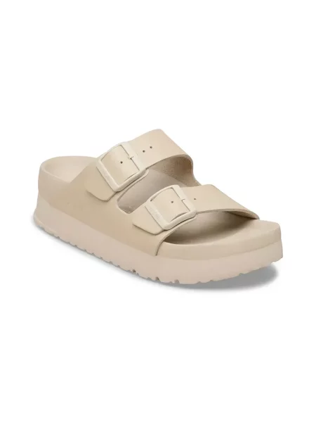 Lniane klapki Birkenstock na platformie beżowe