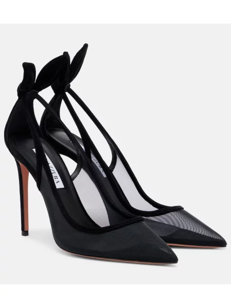 Pantofi cu toc Aquazzura cu funde din piele de căprioară cu legături negru