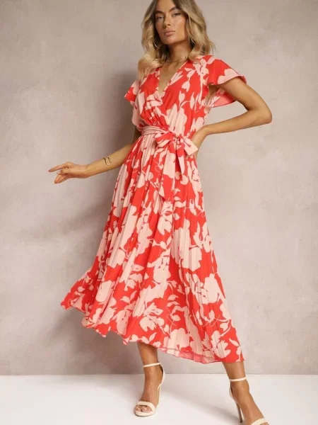 Kopertowa Plisowana Sukienka Koktajlowa z Gumką i w Talii Benelsea czerwona