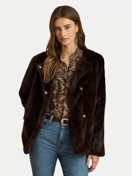 Palton de blană Lauren Ralph Lauren cu blană maro