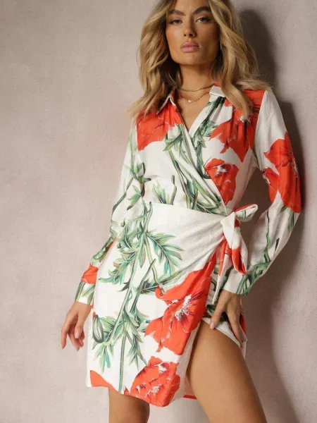 Rochie Alb-Roșie cu Flori în Croi Petrecut cu Decolteu Triunghiular și Fundă în Talie Marneli alb