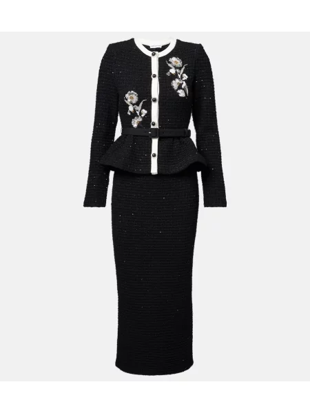 Sukienka midi Self-portrait w kwiatki tweedowa do kolan czarna