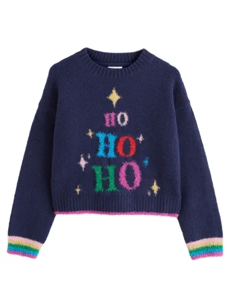 Next Pulover Christmas Ho Ho Ho bleumarin / verde pin / roz închis / intens roșu