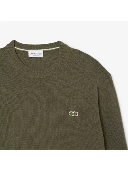 Lacoste Sweter Z Okrągłym Dekoltem Z Wełny Zgrzebnej zielony