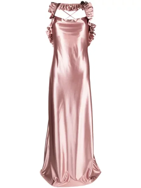 Rochie maxi Rayane Bacha din satin cu volane de costum roz