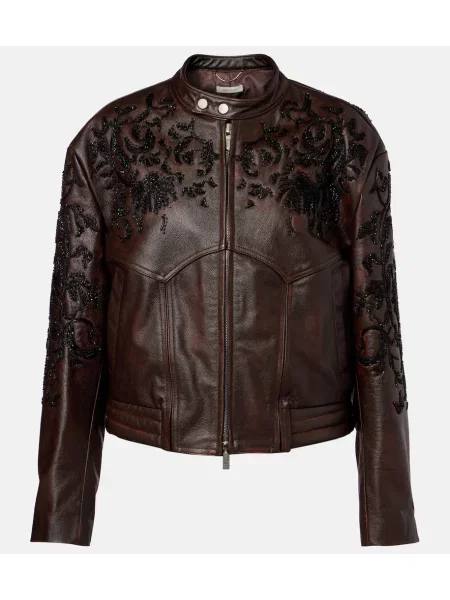 Kurtka skórzana Jacques Wei z koralikami brązowa