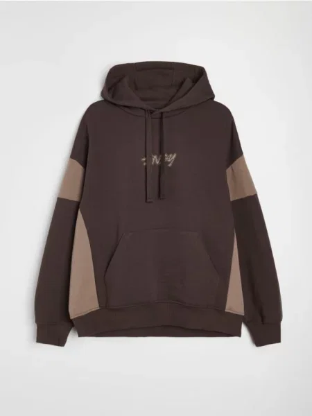 Sinsay Mikina s kapucí comfort fit s kontrastními panely hnědá