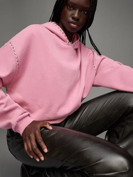 Bershka Bluza Z Kapturem I Ćwiekami Kobieta L różowy