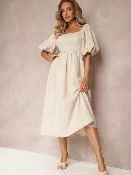 Rochie midi cloș cu decolteu pătrat și mâneci bufante Briakke bej