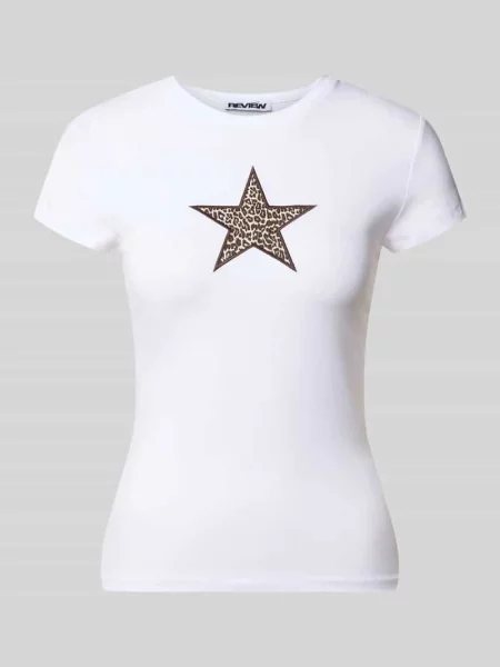 T-shirt z haftem i okrągłym dekoltem Review biała