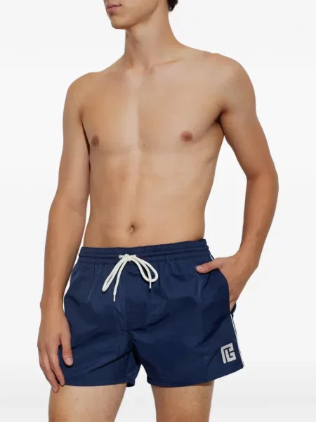 Csíkos fürdőruha Balmain autogrammal kék