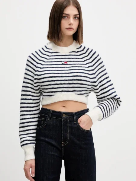 Пуловер с вълна Tommy Jeans бяло синьо