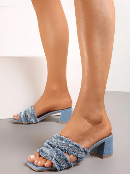 Bleumarin Papuci cu cu Vârf Pătrat cu Franjuri și Pietre Strass Cremela albastru