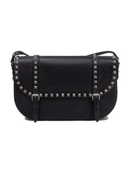 Lniana torebka skórzana Valentino Garavani z nitami czarna