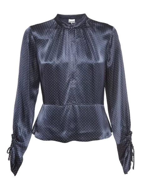 Bluzka Ganni w grochy z nadrukiem niebieska