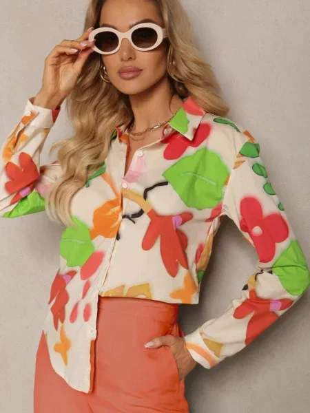 Beżowo-Zielona Koszula w Abstrakcyjny Wzór Bellanight beżowa