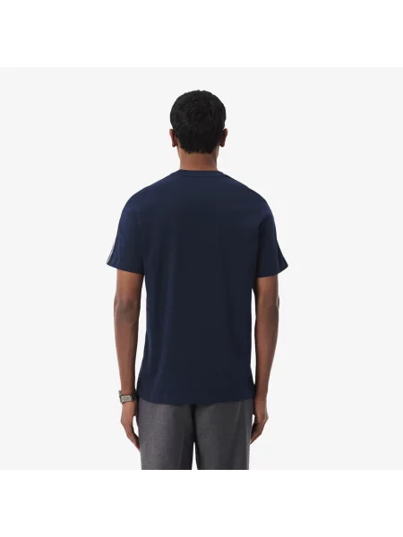 Lacoste Koszulka Z Grubej Bawełny Z Paskiem Logo granatowa