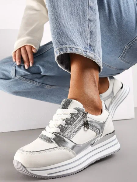 Sneakers Argintii cu Inserții Metalice și Sclipici pe Talpă Groasă Anova