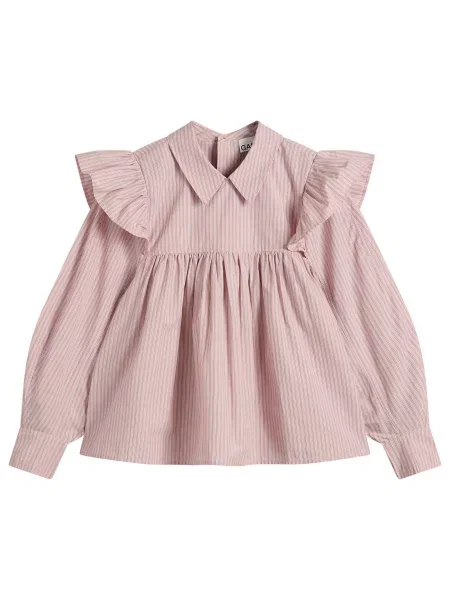 Bluzka Ganni w paski z falbankami z twillu różowa