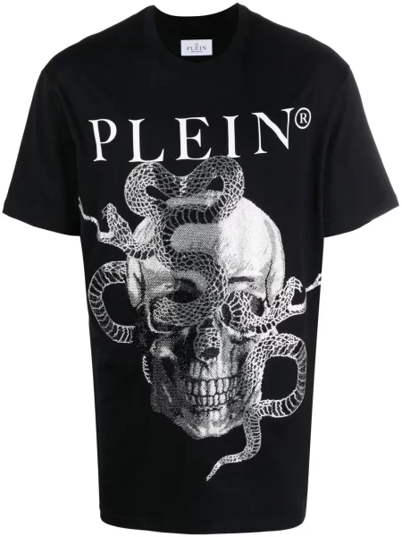 Tricou Philipp Plein cu imagine cu model piele de șarpe negru