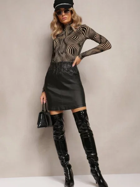 Fustă din Piele Ecologică cu Talie Încretată Ornamental Selja neagră