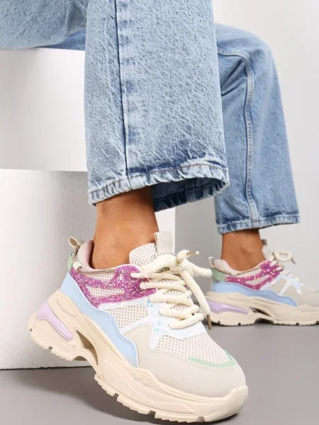 Sneakers Bej-Roz cu Talpă Groasă Plasă și Detalii Strălucitoare Xernnia bej