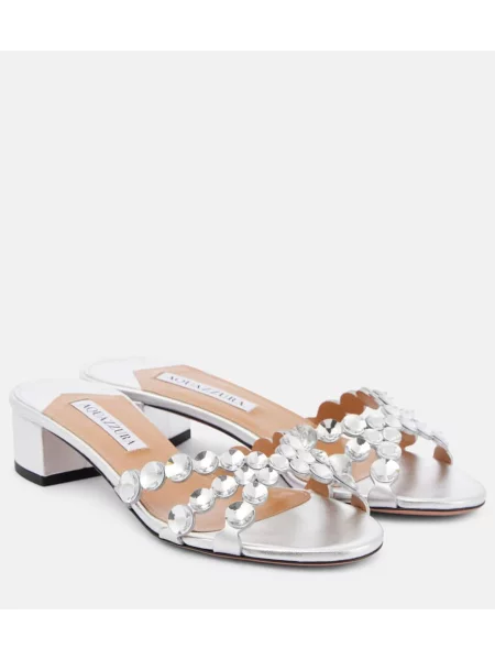 Papuci tip mules Aquazzura din piele de cristal argintiu