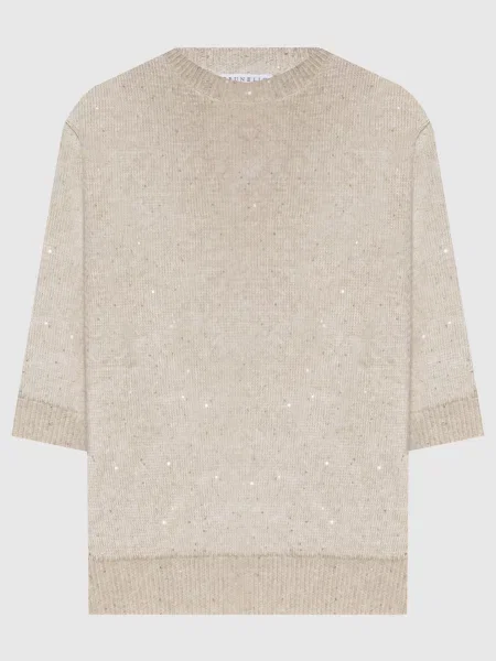 В'язаний топ з льону з паєтками Brunello Cucinelli бежевий
