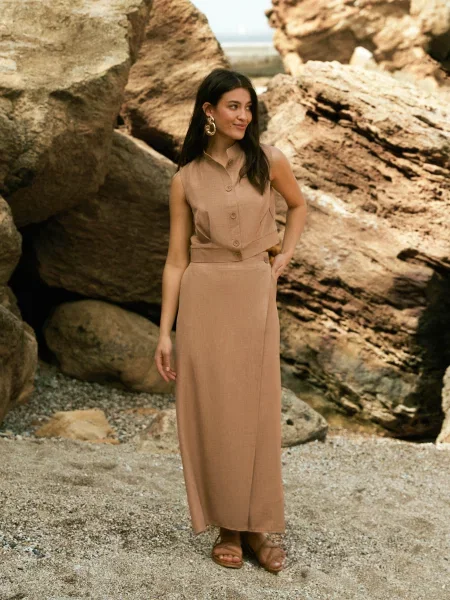 Спідниця міді Seventeen льон/бавовна бежевий