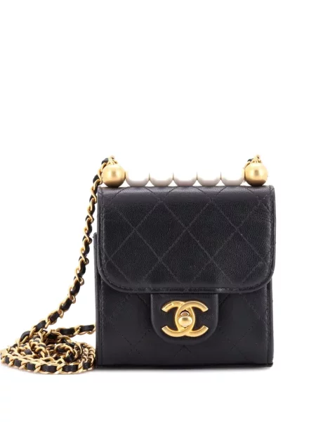 Prošívaný mini náhrdelník Chanel Pre-owned s perlami černý