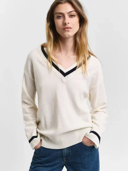 Вовняний светр Gant з V-подібним вирізом білий