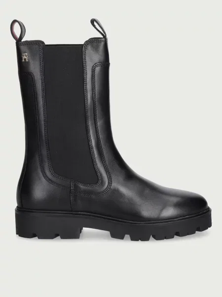 Tommy Hilfiger chelsea čižmy dámske kožené TH STUD LEATHER HIGH CHELSEA čierna
