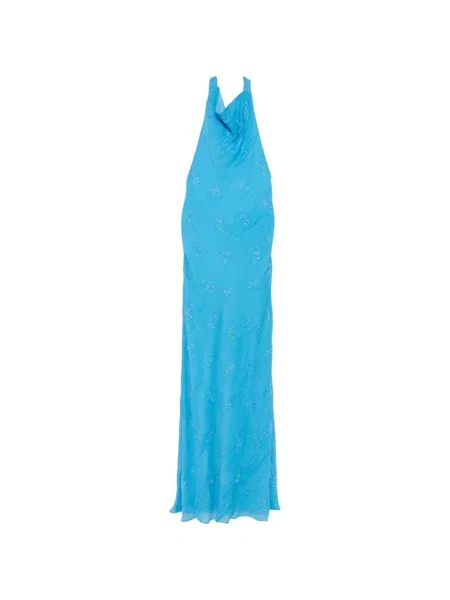 Rochie maxi Staud cu mărgele cu gât halter albastru