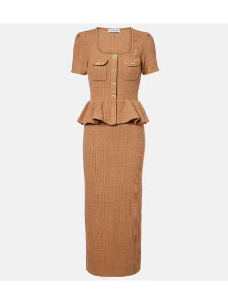 Cu peplum rochie midi Self-portrait tricotate până la genunchi maro