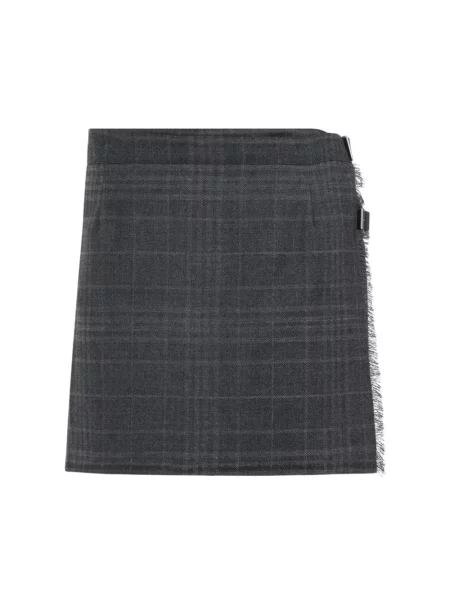 Lniana spódnica mini Balenciaga z frędzli w kratkę szara