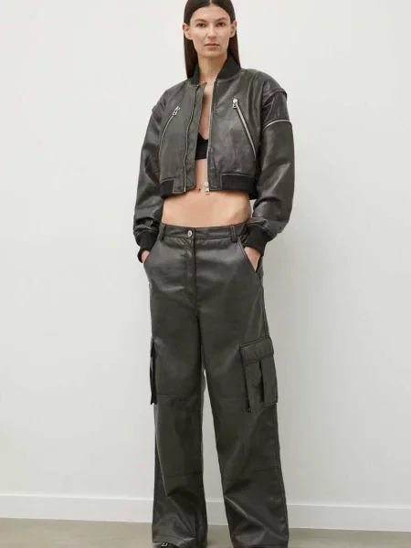 Kalhoty Edition Franz Uneven PU široké high waist hnědá