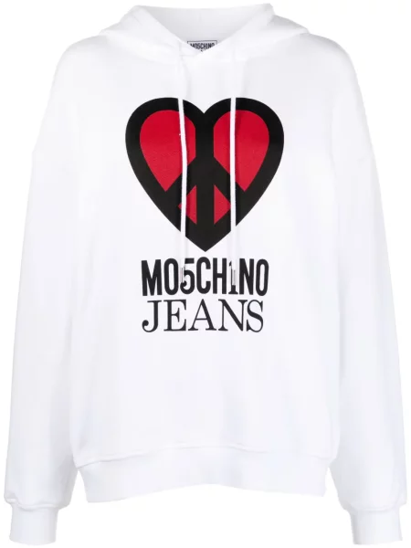 Bluza z kapturem Moschino Jeans z nadrukiem z dżerseju biała