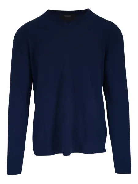 Sweter Kinross Cashmere z kaszmiru z dekoltem w serek prążkowany niebieski