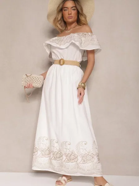 Sukienka Boho o Kroju Hiszpanki Zdobiona Haftem i z Klamrą Vallisca biała
