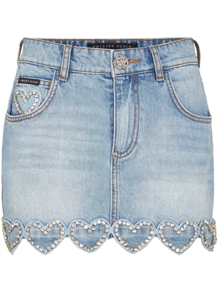 Fustă din denim Philipp Plein cu motiv cu inimi albastru
