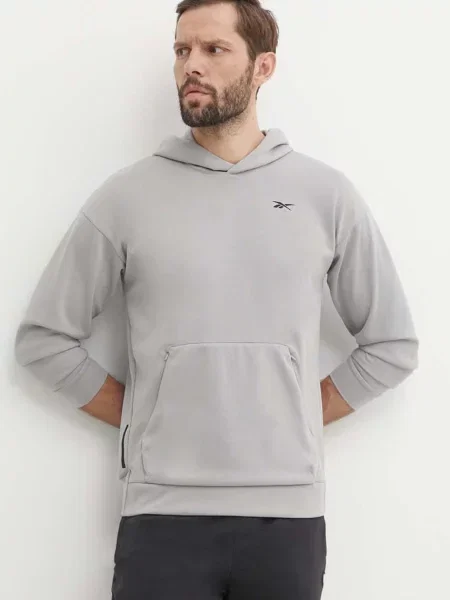 Суичър с качулка Reebok с качулка сиво