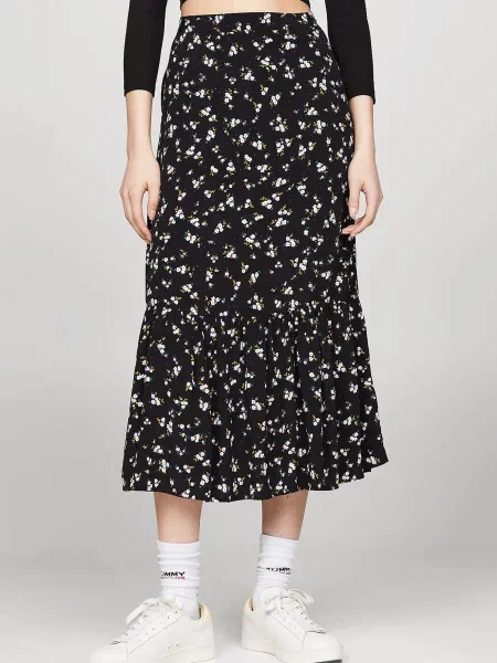 Миди джинсовая юбка Tommy Jeans в цветочек черная