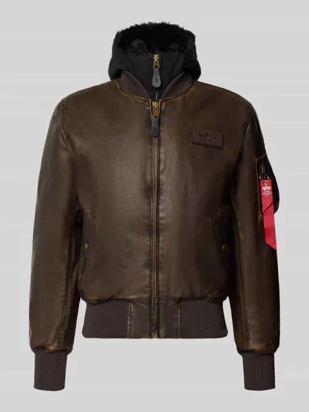 Bomberka z materiału skóropodobnego z detalami z logo Alpha Industries brązowa