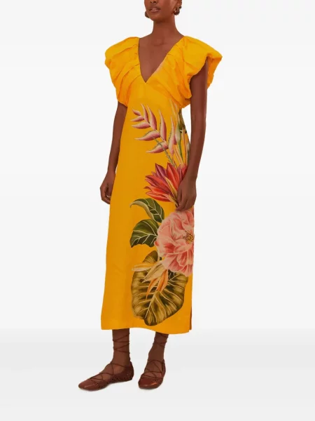 Rochie midi Farm Rio cu model floral cu imagine până la genunchi portocaliu