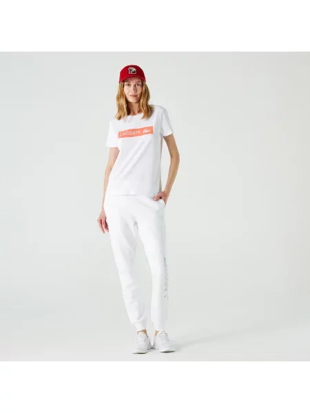 Lacoste Kadın Slim Fit Bisiklet Yaka Baskılı Beyaz T-Shirt biała