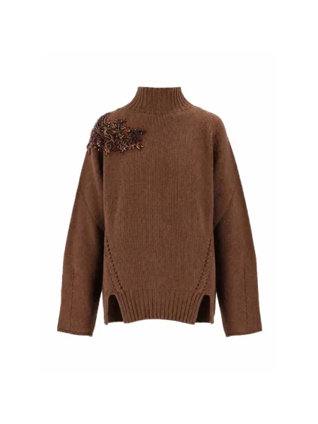 Lniany sweter z golfem Ermanno Scervino brązowy