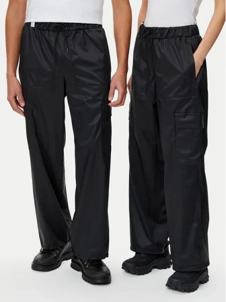 Панталон Rains Cargo Rain Pants Wide W3 с широка каройка с висока талия черно