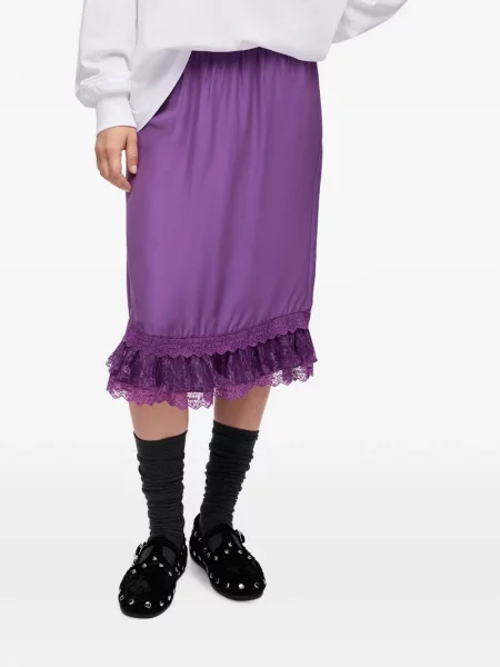 Fustă midi Ganni cu volane din dantelă violet