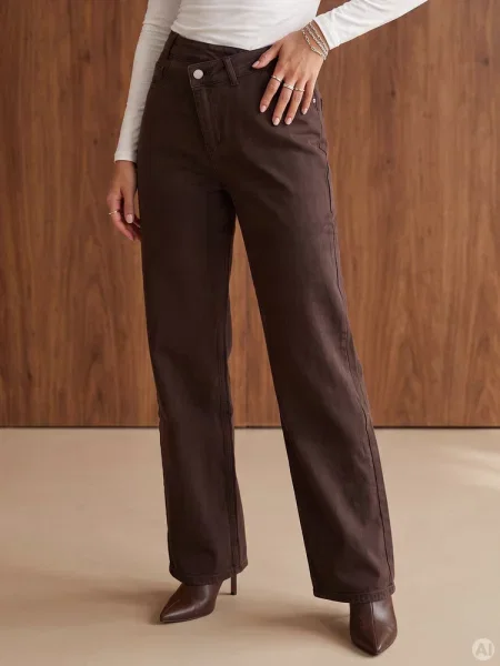 Jeansy wide leg z asymetrycznym pasem Dstreet brązowe